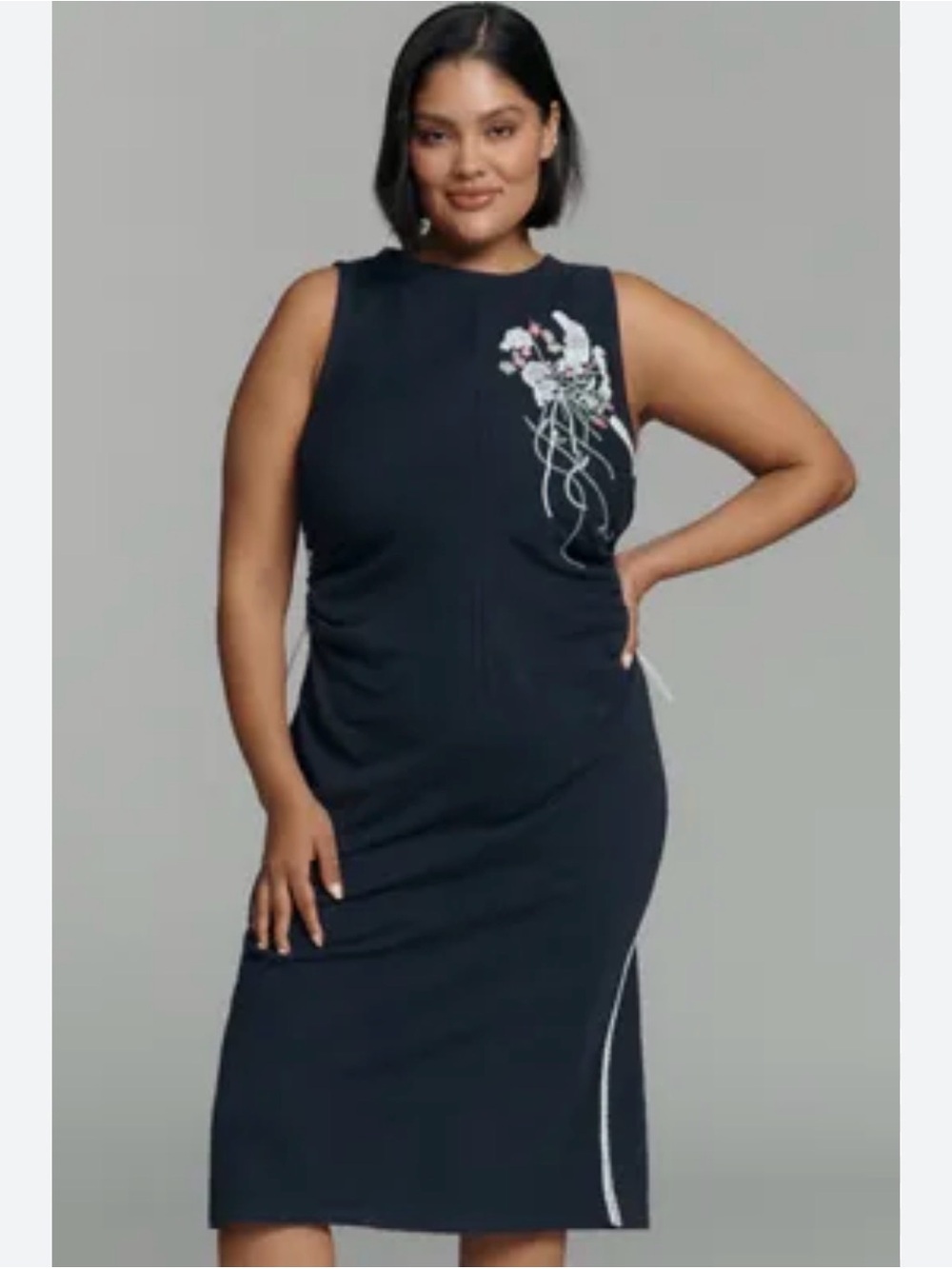 Sleeveless Navy Midi Dress with Embroidered Detail